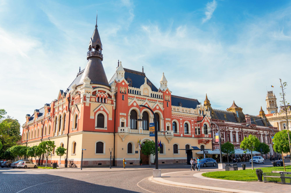 A vibrant city square travelers can book with crypto